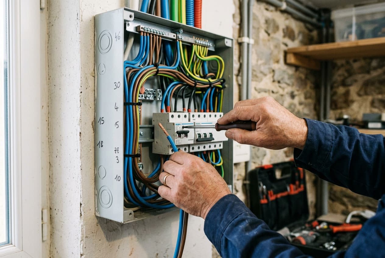 Électricien câblant un tableau électrique