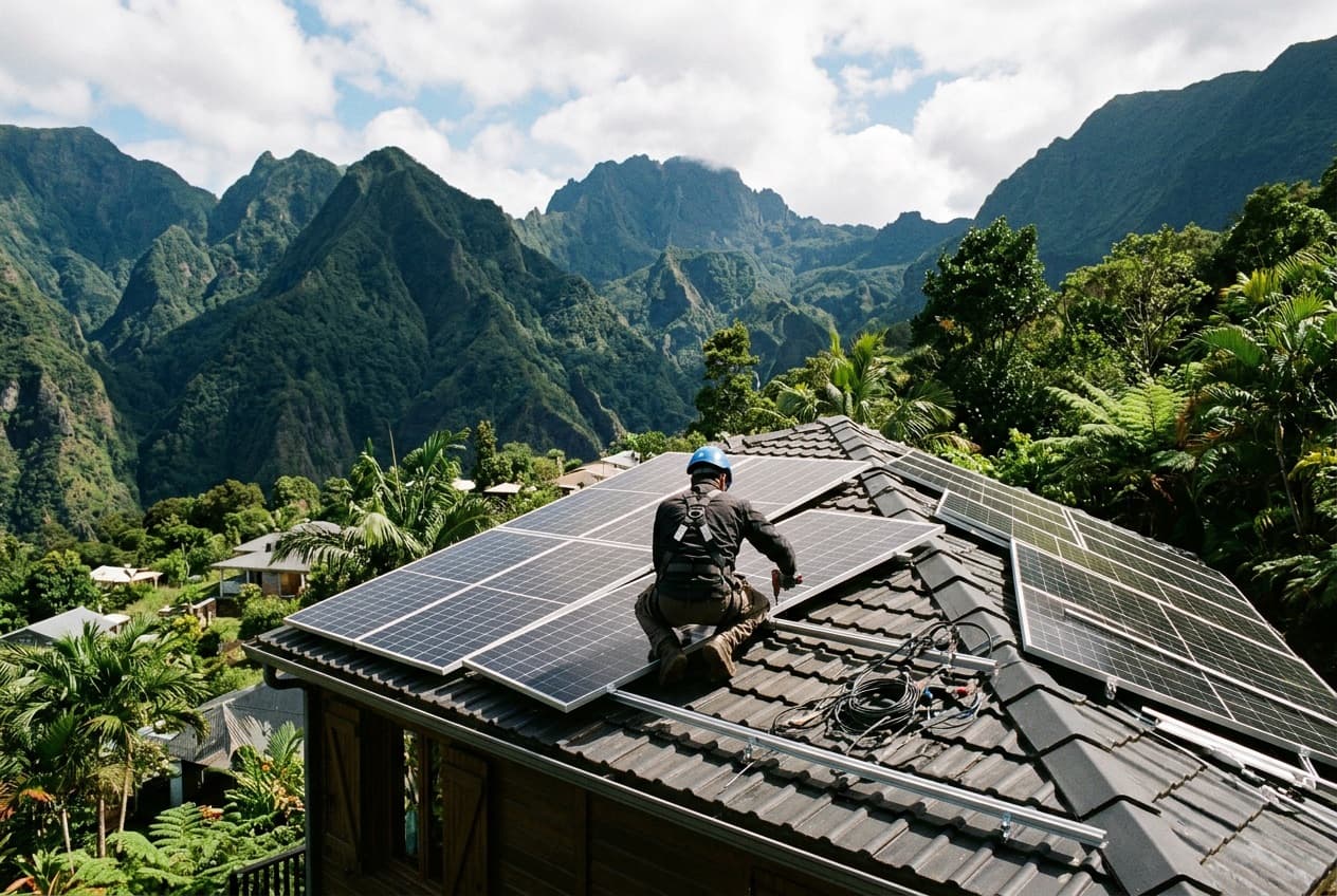 Pose de panneaux solaires sur un toit à La Réunion