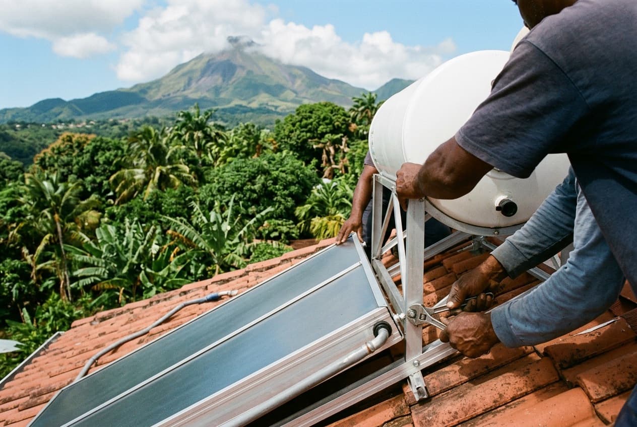 Pose d'un chauffe-eau solaire sur un toit en Martinique