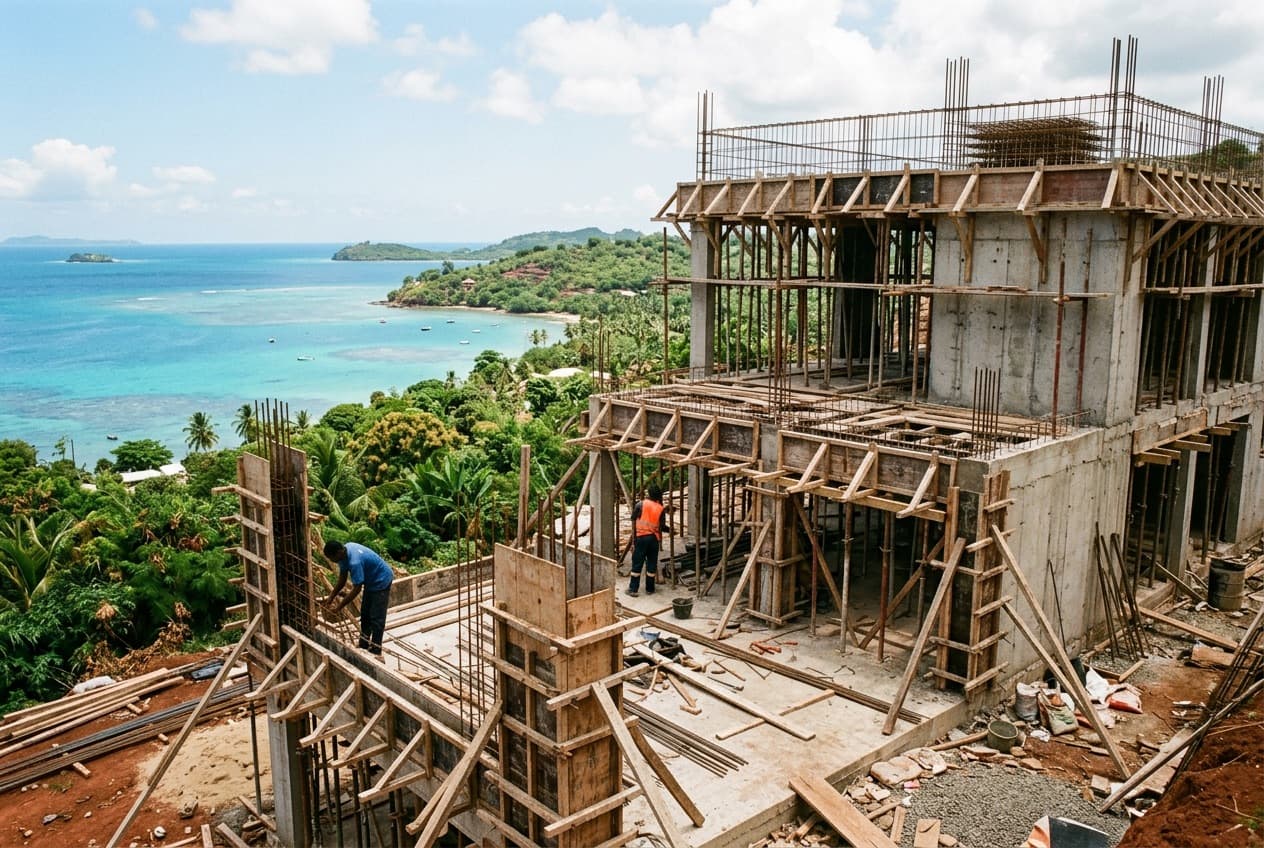 Maison en construction à Mayotte, le lagon au loin